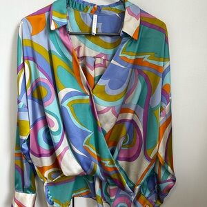 Abstract Multi-Color Wrap Blouse - Turquoise & Lilac